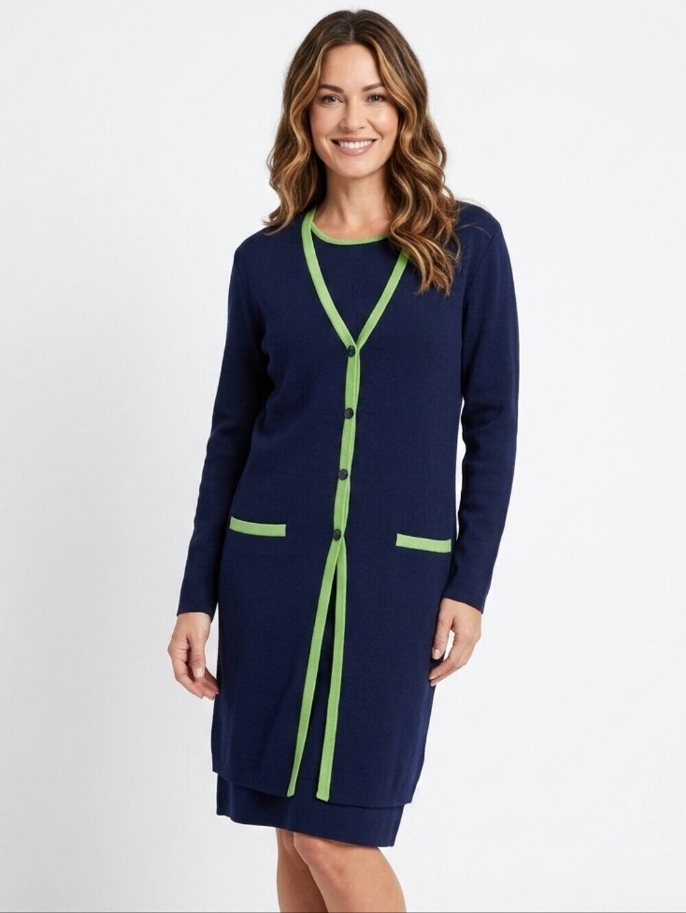 Sag Harbor Midi Sweater Dress Suit Set Size M Navy Green Trim Faux Pockets